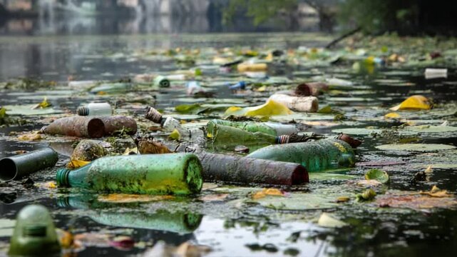Polluted Water: A stark depiction of environmental decay shows plastic waste polluting a body of water. Bottles and other detritus float amidst the natural environment.
