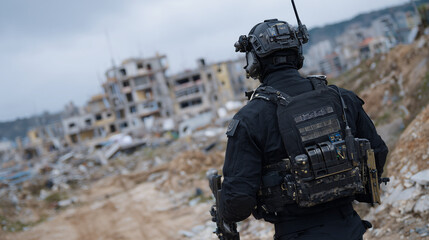 Close-up from behind of elite special ops soldier, covered in black tactical gear with advanced comms on helmet, walking through abandoned industrial ruins ready for covert mission