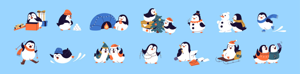 Cute baby penguins at Christmas set. Happy North birds make snowman, skiing, ice skating, ride on sleds, play snow and have fun on winter holidays. Xmas time. Flat isolated vector illustrations