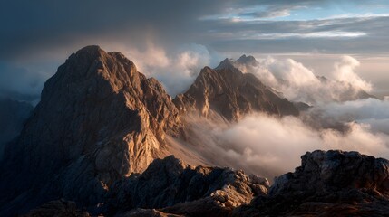 Obraz premium Majestic Mountain Peaks Rising Above Clouds at Sunrise 
