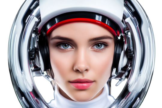 Futuristic woman in a high tech helmet with clear visor