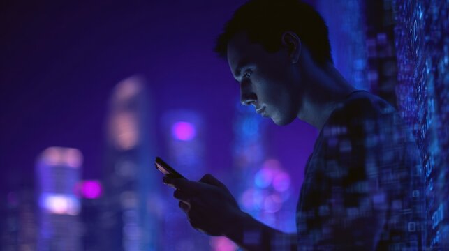 The man immersed in digital technology at night in a vibrant urban landscape.