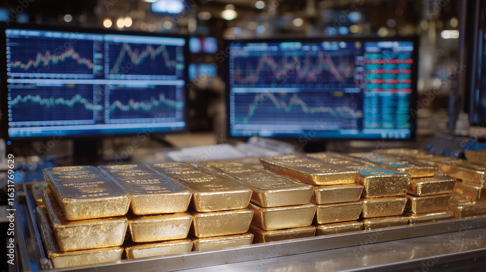 Poster golden bullion bars arranged with precision on a traderâs table, surrounded by glowing monitors sh