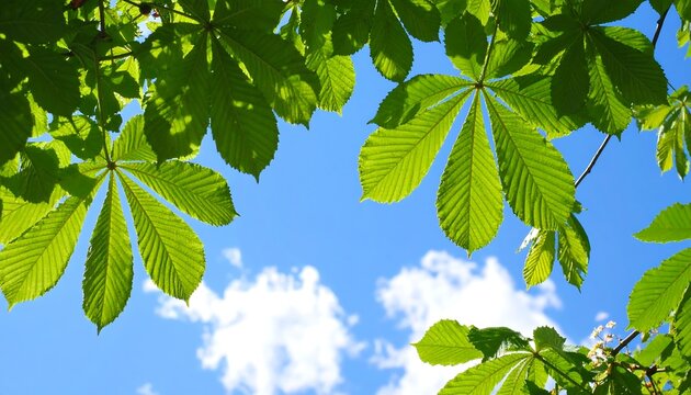 Bright green chestnut leaves against a vibrant blue sky with fluffy clouds