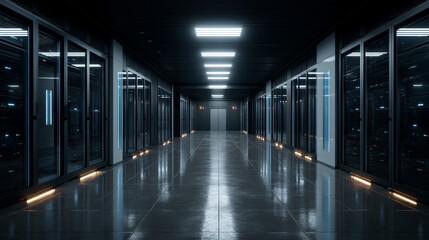 Fototapeta premium Futuristic data centre with glowing high-tech server racks