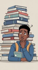 A young person contemplates a large stack of books.