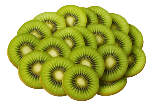 Thinly sliced kiwi arranged in a fan pattern across a white platter.