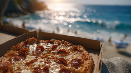 Pizza box slightly tilted on a gentle dune, gooey slices of pepperoni pizza exposed under a blazing sun, with sunbathers and ocean surf enhancing the idyllic summer setting