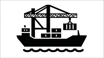 Obraz premium Black and white vector illustration of a cargo ship with containers and crane