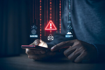 Person using smartphone with digital banking and security icons and binary code mobile phone technology