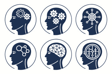 Icons of human head silhouettes with internal digital and neural networks