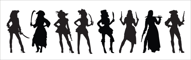  female pirate silhouettes illustration set
