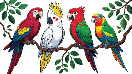 A group of five colorful parrots and a white cockatoo resting on a leafy branch macaw bird