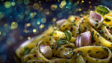 Close-up of flying pasta with swirling olive oil droplets, garlic cloves, and oregano flakes in motion; vibrant red and green tones capture Italian kitchen energy