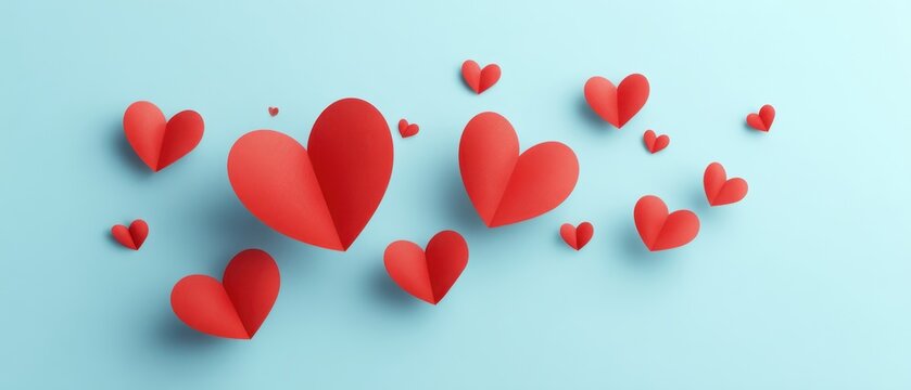 Naklejki The colorful paper hearts floating above a soothing blue background.
