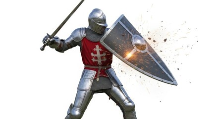 Naklejka premium Medieval knight in full armor with sword and shield ready for battle stance