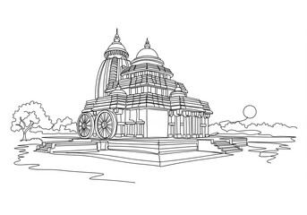 Konark Sun Temple (कोणार्क सूर्य मंदिर) in India one line drawing style