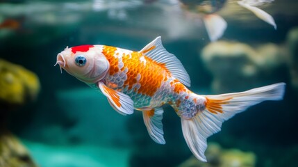Vibrant Koi fish swimming underwater, showcasing its orange, white, and red scales.