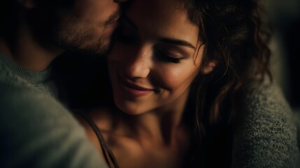 Intimate couple embracing in cozy home setting