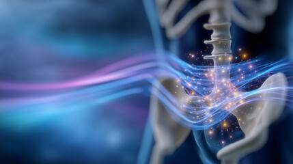 Minimalist illustration of a human pelvis with soft glowing lines highlighting pelvic floor muscles, set against a smooth gradient blue-to-white background symbolizing wellness and