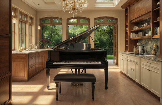 Grand piano in luxurious kitchen with large windows. Features polished wood cabinetry, white counters, view of greenery. Modern, traditional design blend, creating opulent, bright, sophisticated home