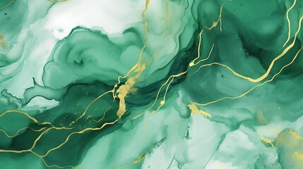 Luxurious fluid art wallpaper featuring forest green watercolor swirls with delicate gold veining, high gloss texture and misted ink diffusion, full frame