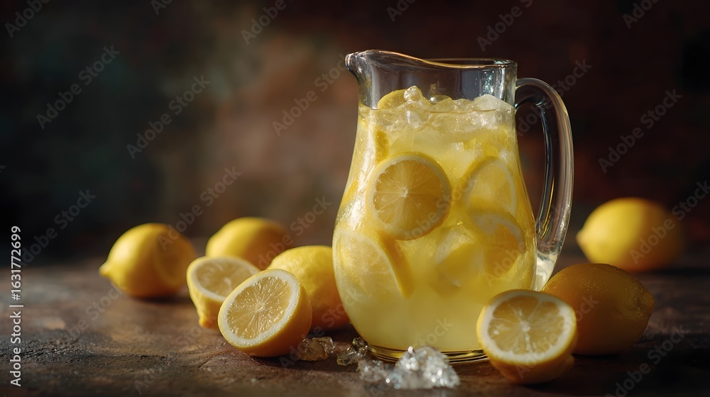 Poster refreshing lemonade pitcher with sliced lemons on a rustic wooden table