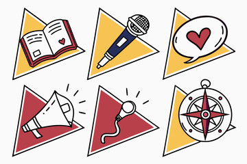 Collection of icons representing communication, education, music, and navigation