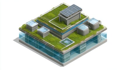 Obraz premium Blueprint-style 3D modular green roof with solar panels, rainwater tanks, green roofing layers, and water filtration system, clean white background, technical eco-friendly architecture.