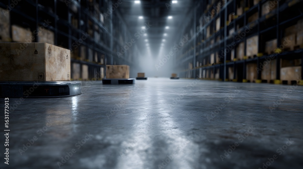 Poster automated logistics hub with rows of shelves and lighting system