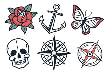 Tattoo style collection of skull, rose, anchor, butterfly and compass © Shanto