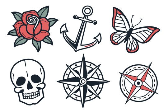 Tattoo style collection of skull, rose, anchor, butterfly and compass