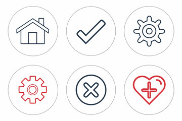 Set of six icons with a house, checkmark, gear, cross, and heart isolated on white background