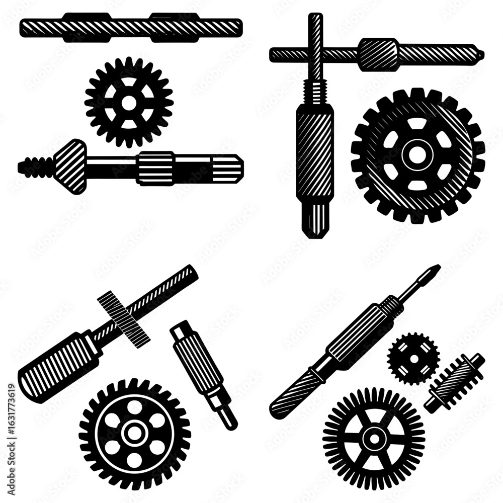Poster illustration showing multiple gears and various tools in a black and white technical drawing style f