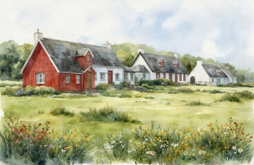 Fototapeta premium Charming Irish village scene features row of quaint, colourful houses in rich green field. Traditional architecture offers peaceful, tranquil rural setting. Artistic watercolour painting captures