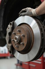 Mechanic inspects car brake pad and rotor in workshop. Technician in gloves checks automotive part for wear and tear during maintenance. Auto repair service for vehicle safety and system check.