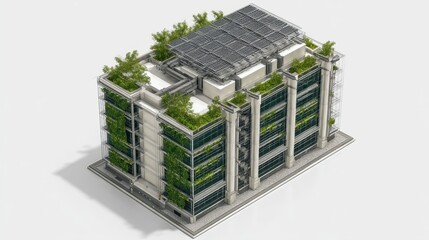 Photorealistic visualization of a blueprint-style 3D eco-friendly office building in the context of urban planning, featuring transparent vertical gardens, solar panels, energy-efficient HVAC ducts