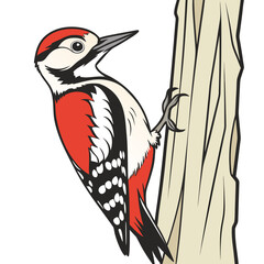 Woodpecker with red, white, and black plumage perched on a tree