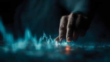 Investor reviewing holographic cryptocurrency chart with sharp fintech lighting