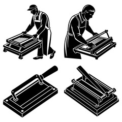 Illustration of two men using tile cutters and two tile cutters in black and white isometric view