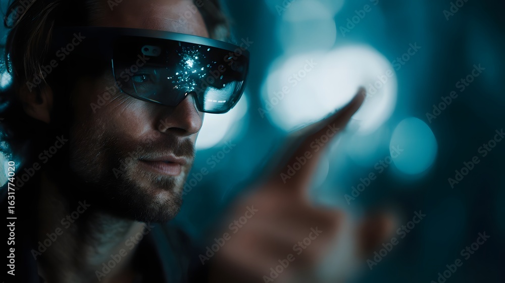 Poster futuristic augmented reality user interacting with a virtual display