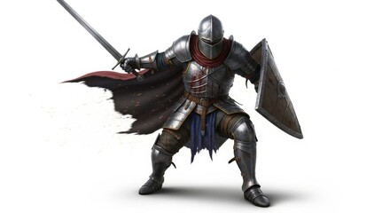 Fantasy knight in full armor with sword and shield ready for medieval battle