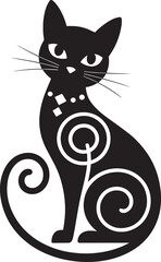 Black cat with swirling patterns and geometric accents white swirls