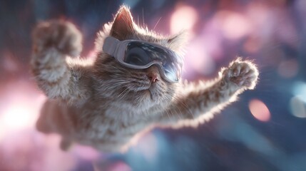 Obraz premium A playful cat wearing VR glasses floats in a zero-gravity environment, surrounded by soft glowing light in a sci-fi atmosphere, rendered in a futuristic 3D style.