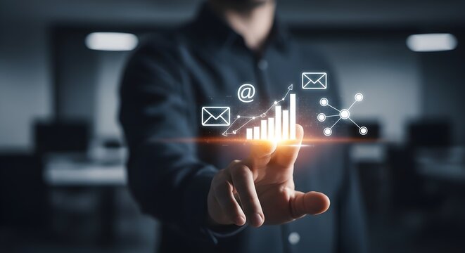 A man in a dark shirt interacts with a digital interface displaying email icons, rising bar graphs, and network connections, symbolizing data analysis.