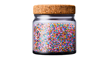 A glass jar with a cork lid is filled with vibrant, colorful sprinkles