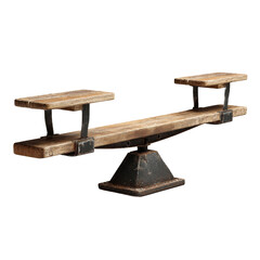 Old wooden and metal seesaw balance scale for childrens play isolated on transparent background