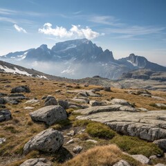 High Altitude Rocky Plateau with Sparse Alpine Vegetation and Distant Snow-Capped Mountain Range under Clear Sky &ndash; Rugged Wilderness Landscape Scene