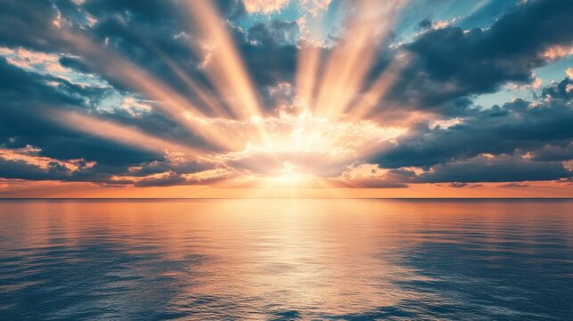 Dramatic sunset over calm ocean with vibrant colors and sun rays breaking through clouds. - Powered by Adobe