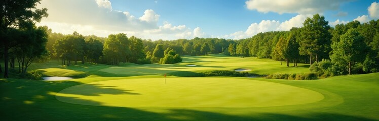 Naklejka premium Panoramic view of lush green golf course on a sunny afternoon. Well-maintained fairways, rough, bunkers, and a flag on the putting green under a blue sky with scattered clouds.